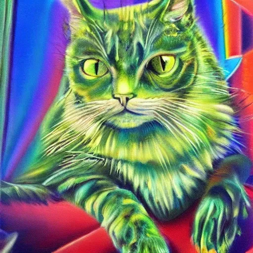 , Oil Painting, Trippy green strange cat
