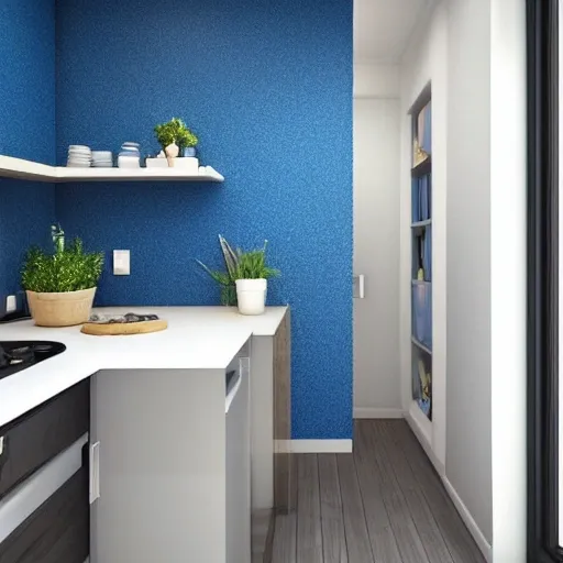 open space interior for small apartment, minimalist style, blue walls and just one wall with stone decoration, open minimalist kitchen., 3D, 