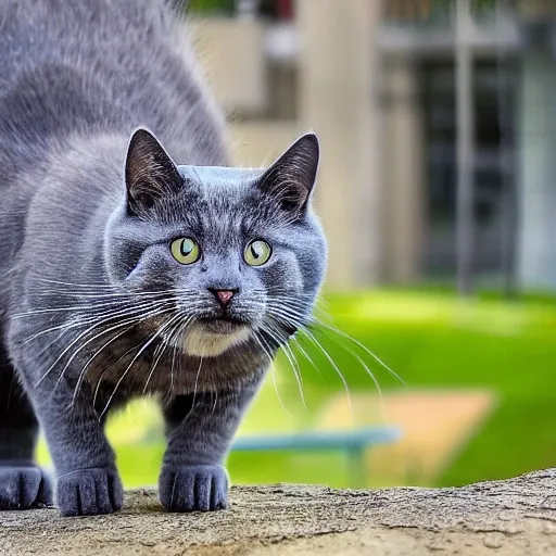 Gato azul gordo en un parque