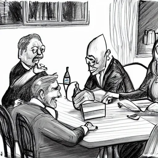 , Cartoon , Pencil Sketch , gente misteriosa en una mesa discutiendo sobre el futuro del mundo