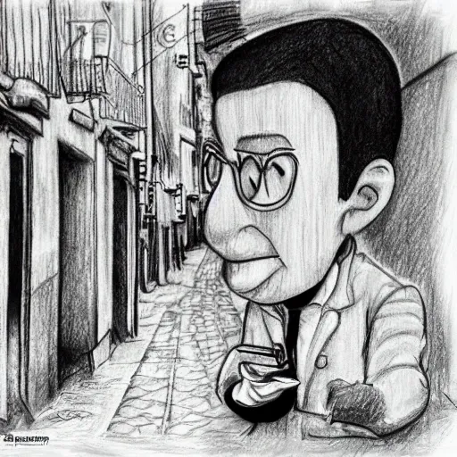 , Pencil Sketch, Cartoon , una calle sin gente solo con una persona
