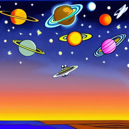 
Vibrant Milkyway with space ships, Cartoon