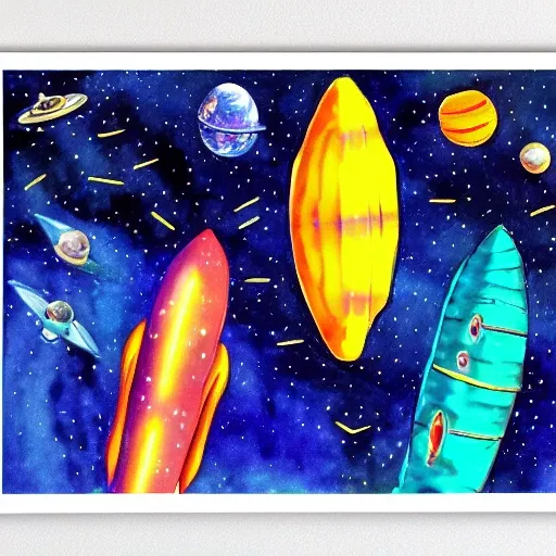 
Vibrant Milkyway with space ships, Water Color