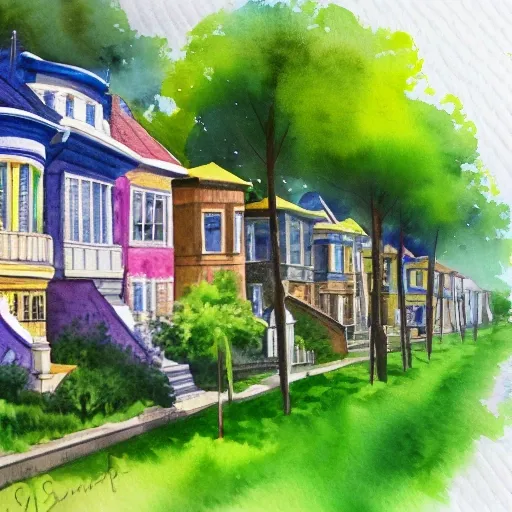 street lined with old residential houses summer watercolor by arti chauhan trending on artstation with galaxy landscape