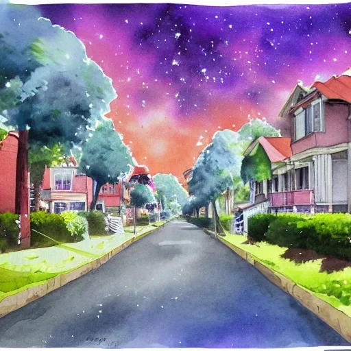 galaxy landscape 
street lined with old residential houses summer watercolor by arti chauhan trending on artstation 