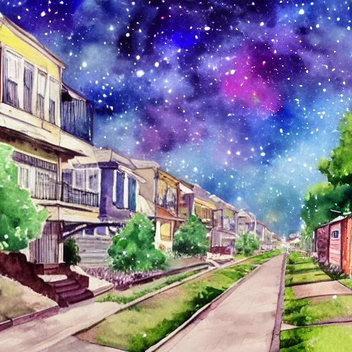 galaxy landscape 
street lined with old residential houses summer watercolor by arti chauhan trending on artstation 