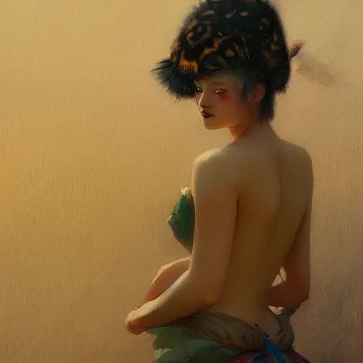 female siberian Russian concubine with slim curvy body, wearing a ushanka, at night, 1400s, painting by gaston bussiere, greg rutkowski, yoji shinkawa, yoshitaka amano, tsutomu nihei, donato giancola, tim hildebrandt, oil on canvas, {full body shot:from behind shot:looking over shoulder}, traditional russian clothing, trending on artstation, featured on pixiv, cinematic composition, extreme detail, metahuman creator, (best quality:1.4), ((masterpiece)), ((realistic)), (detailed), portrait_of_exotic_girls, seductive_smile, (((sexy))), godrays, dust in the air