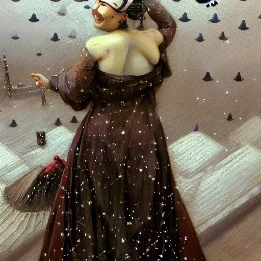 female siberian Russian concubine with slim curvy body, wearing a ushanka, at night, 1400s, painting by gaston bussiere, greg rutkowski, yoji shinkawa, yoshitaka amano, tsutomu nihei, donato giancola, tim hildebrandt, oil on canvas, {full body shot:from behind shot:looking over shoulder}, traditional russian clothing, trending on artstation, featured on pixiv, cinematic composition, extreme detail, big breasts, topless, metahuman creator, (best quality:1.4), ((masterpiece)), ((realistic)), (detailed), portrait_of_exotic_girls, seductive_smile, (((sexy))), godrays, dust in the air