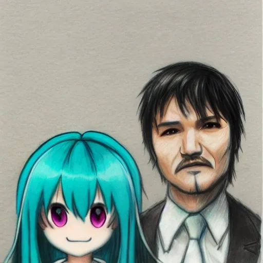 pedro pascal and hatsune miku, Pencil Sketch