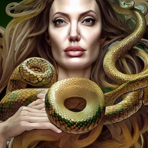 beautiful digital painting of a woman, actress: angelina jolie face,  stunning depiction of Medusa, embodying the essence of Greek mythology, with a multitude of snakes adorning her head and hair, each one uniquely vibrant and entwined. stylish female with high detail, real life skin, freckles, 8 k, stunning detail, works by artgerm, greg rutkowski and alphonse mucha, unreal engine 5, 4 k uhd, hyper realistic, lot of realistic snakes in her head
