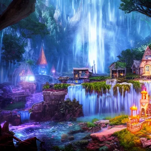 magical fantasy town, background : giant bioluminscent waterfall, quaint vibes, epic fantasy, ultra hd render + 4 k uhd + immense detail + very crisp and clear image, 3D