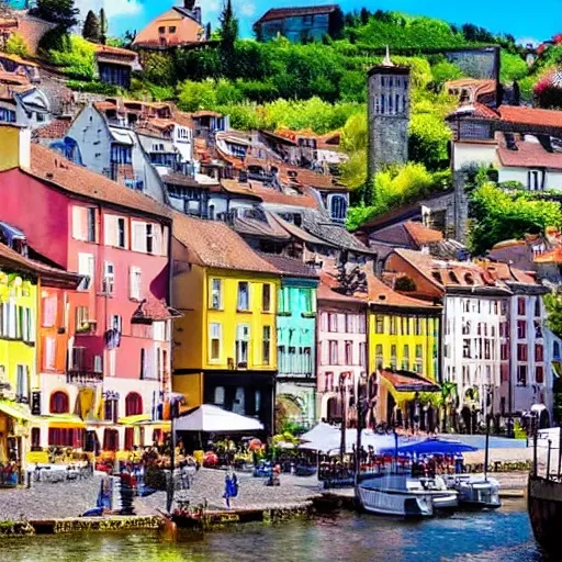 A picturesque European village on a sunny day, with cobblestone streets, charming cafes, and colorful houses.