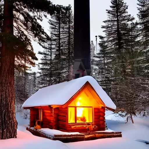 A picturesque scene of a cozy cabin in a serene, snow-covered forest, complete with warm lighting from within, smoke gently rising from the chimney, and surrounding pine trees laden with snow.