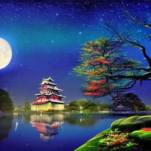 Wallpaper, colorful, japanese castle, full moon, night stars, trees, fantastic, 3D, Oil Painting, SCI-FI