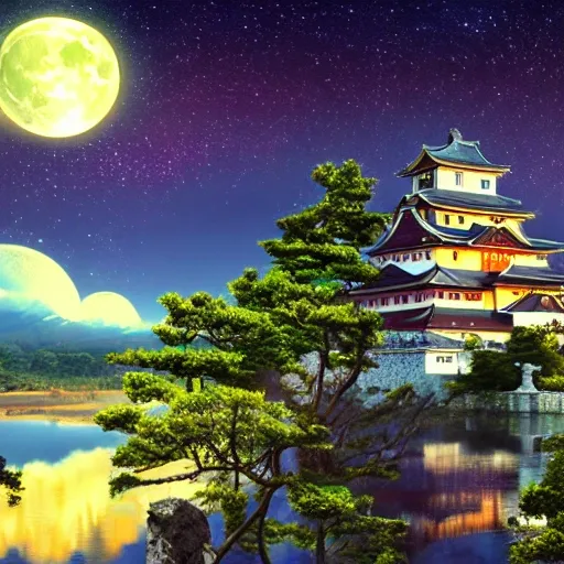 Wallpaper, colorful, japanese castle, full moon, night stars, trees, fantastic, 3D, Oil Painting, SCI-FI, 4K