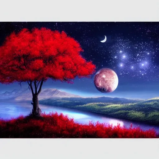 Wallpaper, colorful, moon, night stars, red trees, fantastic, 3D, Oil Painting, SCI-FI, 4K, mountains, sparkling river, nature, alive, alien planet, magical sky, dream
