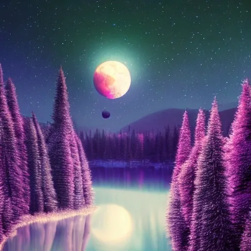 Wallpaper, colorful, moon, night stars, red trees, fantastic, 3D, Oil Painting, SCI-FI, 4K, cyan mountains, sparkling purple river, nature, alive, alien planet, magical sky, dream