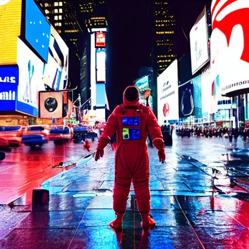 A man in a space suit standing in the middle of times square at night in the rain, 35mm