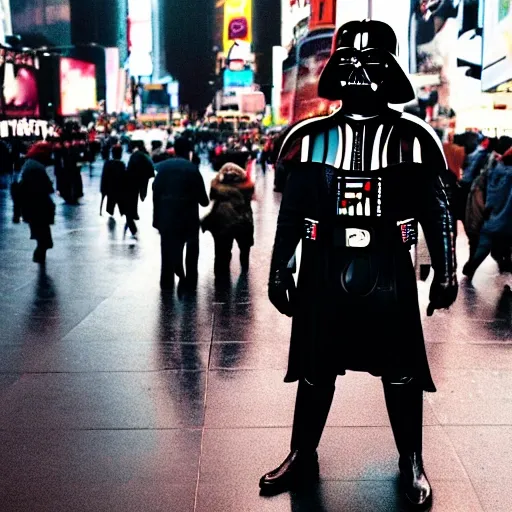 Darth Vader suit standing in the middle of times square at night in the rain, 35mm