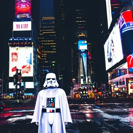 White Darth Vader suit standing in the middle of times square at night in the rain, 35mm