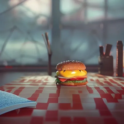 hamburger studying math, studio Ghibli, Pixar and Disney animation, sharp, Rendered in Redshift and Unreal Engine 5 by Greg Rutkowski, Bloom, dramatic lighting, sunrise, 3D, 3D