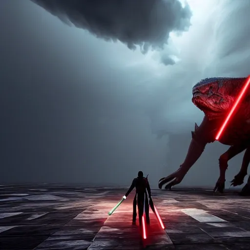  3d render of a gigantic creature with scales and dust falling off its skin walking toward the warrior in the midst of a storm, the warrior with lightsaber ready to fight with the creature, chaotic weather, motion blur, wide angle, unreal engine 5, global illumination, specular light wet, glistening textures, 8K, nanite