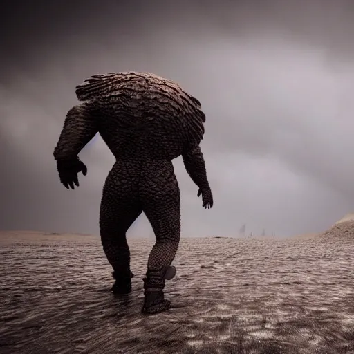  3d render of a gigantic creature with scales and dust falling off its skin walking toward the warrior in the midst of a storm, chaotic weather, motion blur, wide angle, unreal engine 5, global illumination, specular light wet, glistening textures, 8K, nanite