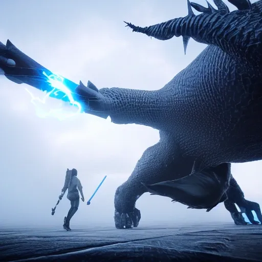  3d render of a gigantic creature with scales and dust falling off its skin walking toward the warrior in the midst of a storm, the warrior with lightsaber ready to fight with the creature, chaotic weather, motion blur, wide angle, unreal engine 5, global illumination, specular light wet, glistening textures, 8K, nanite