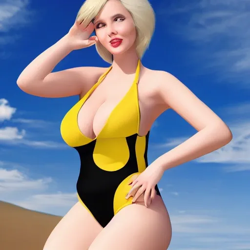 A beautiful woman with big breasts in a three-point swimsuit, Cartoon