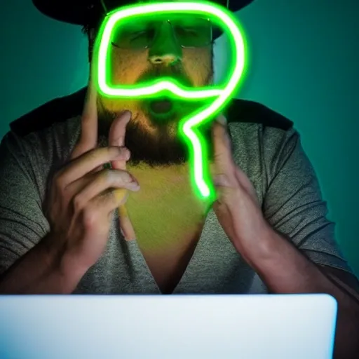 a person sitting in front of a laptop with a straw hat and has 2 ninja swords his face covered and with green neon light on him 


 