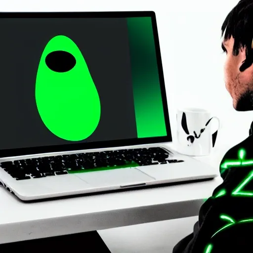 a animated hacker sitting in front of a laptop with green and black neon
