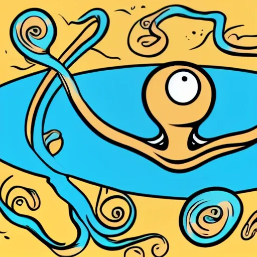 The head and tentacles of an octopus stick out of the water, cartoon, with 4 signs in the tentacles, illustration style, 2d
