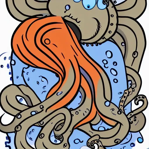 The head and tentacles of the octopus stick out of the water, highlighting the big head, and the tentacles hold 4 brands, illustration style, 2D, cartoon