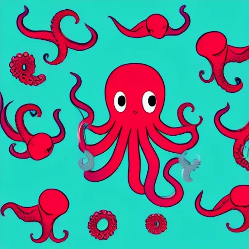 The octopus show half of body, stick out of the horizontal water ,so big  the head, and the tentacles hold 4 brands, illustration style, 2D, cartoon, Pencil Sketch