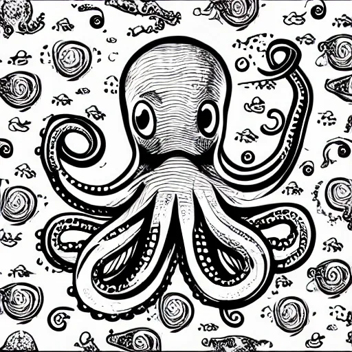 The octopus show half of its body, ,so big  the head, and the tentacles hold 4 brands, illustration style, 2D, cartoon, Pencil Sketch