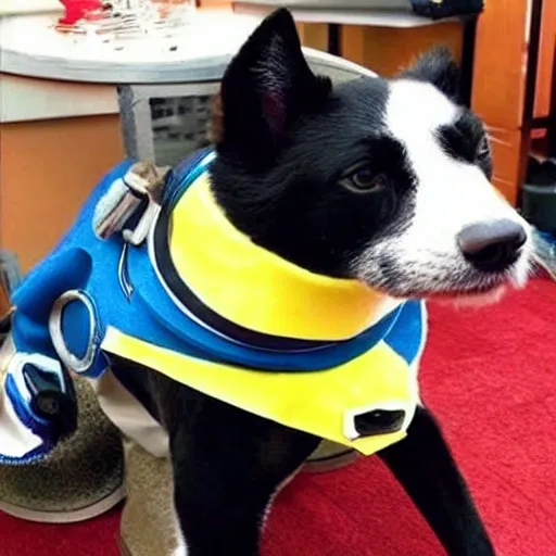 imagen de un perro de color negro al lado de un gato con traje de astronauta 