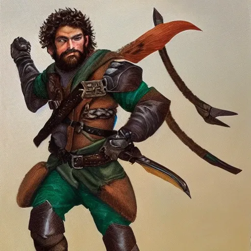 Vulpin Graywind is a slim and agile ranger with curly dark brown hair, emerald green eyes, and a light beard. He wears lightweight leather armor and carries a backpack. He fights with knuckle dusters for close combat and wields a crossbow for long-range attacks., Oil Painting