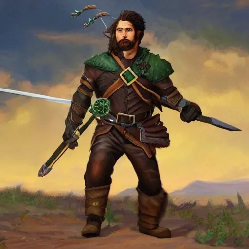 Vulpin Graywind is a slim and agile ranger with curly dark brown hair, emerald green eyes, and a light beard. He wears lightweight leather armor and carries a backpack. He fights with knuckle dusters for close combat and wields a crossbow for long-range attacks. Oil Painting