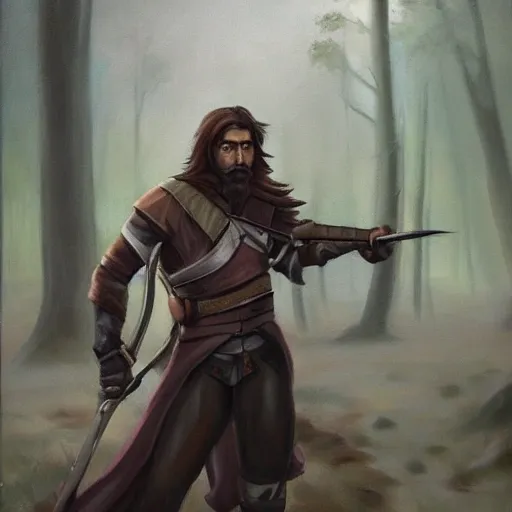 Vulpin Graywind depicted in an adventurous style: A slim and agile ranger with curly dark brown hair, emerald green eyes, and a light beard. He wears lightweight leather armor and carries a backpack. He fights with knuckle dusters for close combat and wields a crossbow for long-range attacks. The surroundings are enveloped in a misty forest with hints of snowfall., Oil Painting