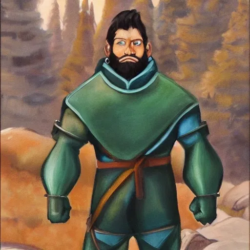 Vulpin Graywind depicted in an adventurous style: A slim and agile ranger with curly dark brown hair, emerald green eyes, and a light beard. He wears lightweight leather armor and carries a backpack. He fights with knuckle dusters for close combat and wields a crossbow for long-range attacks. The surroundings are enveloped in a misty forest with hints of snowfall., Oil Painting, Cartoon