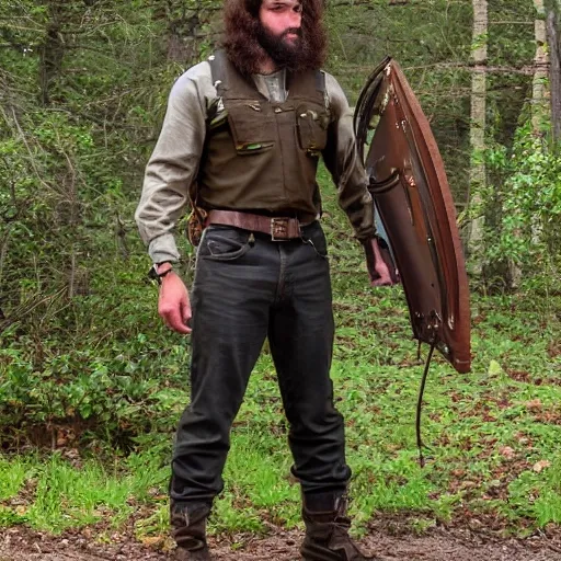 Male, woodland ranger, lean, agile, curly dark brown hair, vibrant emerald green eyes, light beard, wears lightweight leather armor, carries a backpack, wields knuckle dusters, skilled with a crossbow, Oil Painting