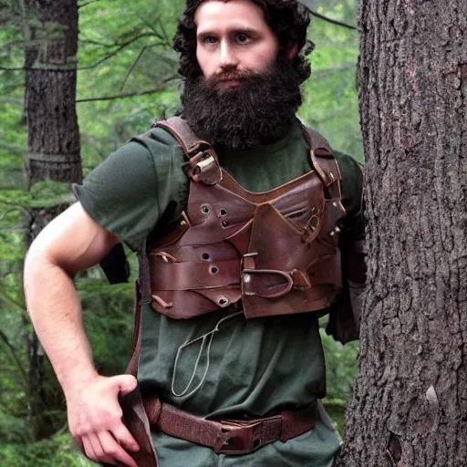 Male, woodland ranger, lean, agile, curly dark brown hair, vibrant emerald green eyes, light beard, wears lightweight leather armor, carries a backpack, wields knuckle dusters, skilled with a crossbow, (full body shot:from front)