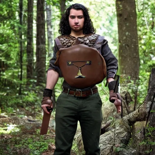 Male, woodland ranger, lean, agile, curly dark brown hair, vibrant emerald green eyes, no beard, wears lightweight leather armor, carries a backpack, wields knuckle dusters, skilled with a crossbow, (full body shot:from front)