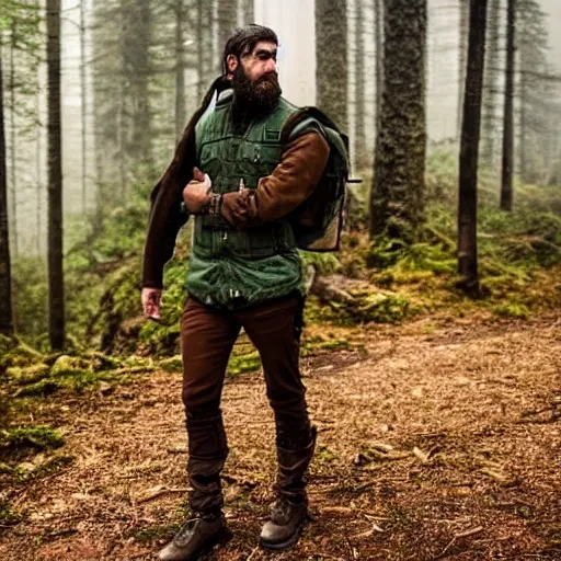 Male, woodland ranger, slender build, agile, curly dark brown hair, vibrant emerald green eyes, light beard, wears lightweight leather armor, carries a backpack, currently navigating through a misty forest, his eyes scanning the surroundings with focused determination.