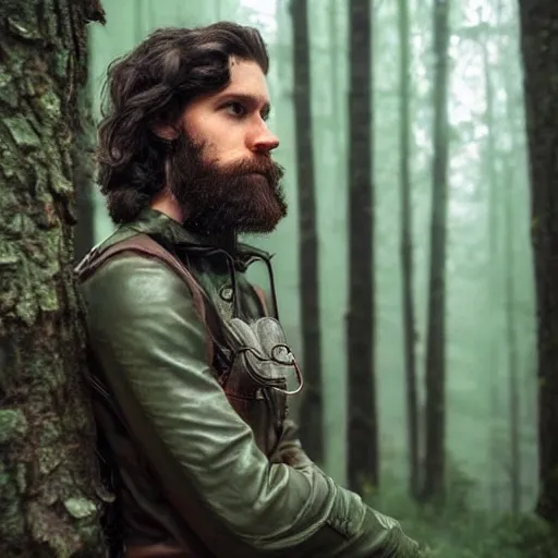 Male, woodland ranger, slender build, agile, curly dark brown hair, vibrant emerald green eyes, light beard, wears lightweight leather armor, carries a backpack, currently navigating through a misty forest, his eyes scanning the surroundings with focused determination. beautiful art