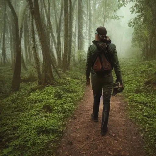 Male, woodland ranger, slender build, agile, curly dark brown hair, vibrant emerald green eyes, no beard, wears lightweight leather armor, carries a backpack, currently navigating through a misty forest, his eyes scanning the surroundings with focused determination, beautiful art