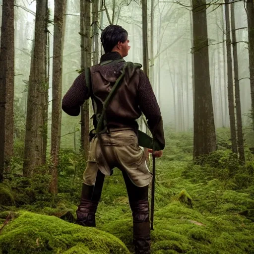 Male, woodland ranger, slender build, agile, curly dark brown hair, vibrant emerald green eyes, no beard, wears lightweight leather armor, carries a backpack. He stands in a misty forest, his gaze fixed forward, arm extended with a crossbow aimed at a distant target, displaying unwavering focus and determination, beautiful art 