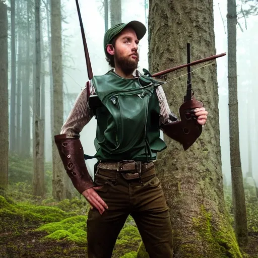 Male, woodland ranger, slender build, agile, curly dark brown hair, vibrant emerald green eyes, no beard, wears lightweight leather armor, carries a backpack. He stands in a misty forest, his gaze fixed forward, arm extended with a crossbow aimed at a distant target, displaying unwavering focus and determination, beautiful art 