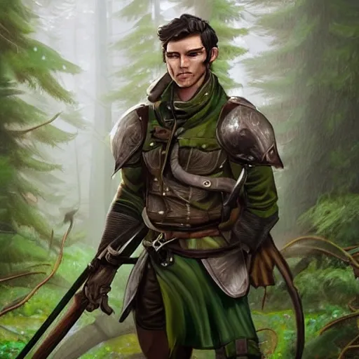 Male, woodland ranger, slender build, agile, curly dark brown hair, vibrant emerald green eyes, no beard, wears lightweight leather armor, carries a backpack. He stands in a misty forest, his gaze fixed forward, arm extended with a crossbow aimed at a distant target, displaying unwavering focus and determination, beautiful art , DnD Character 