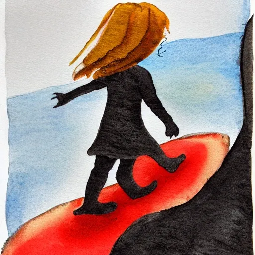  girl walking on lava, Water Color